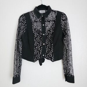 Vintage BANJO Dallas Texas Black Cotton & Lace Crop Top M Button Down Cowboycore